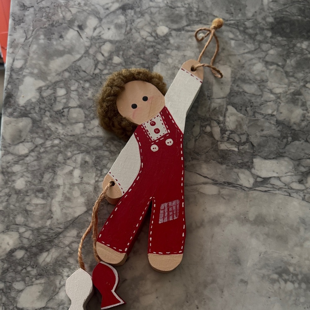 Hand Crafted Red and White Wooden Doll Ornament
